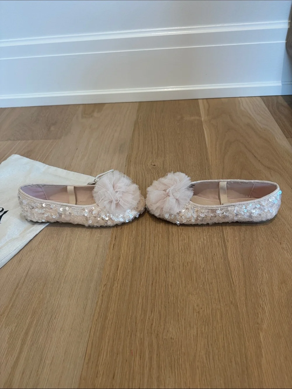 ZARA little Girls Blush Pink Sequin Tulle Pom Ballet Flats